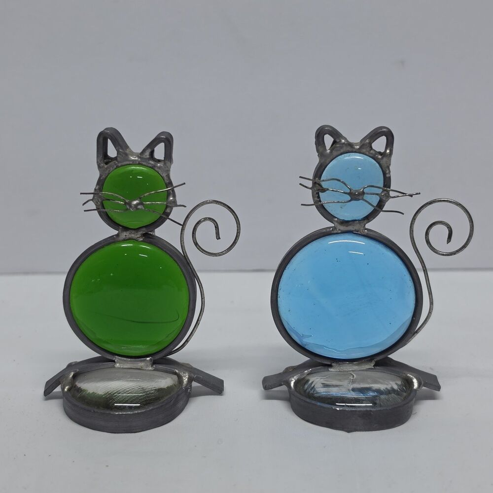Vintage Stained Glass Kitty Cat Suncatcher Set Of 2 Blue Green Figurines